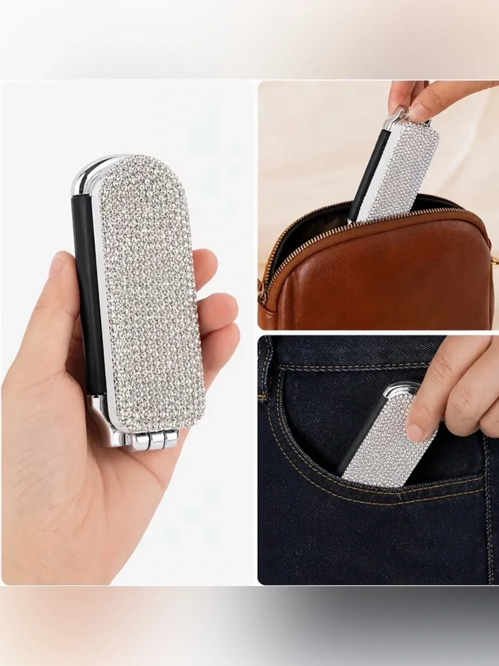 Foldable Black & Silver Hair Brush with Crystal Design